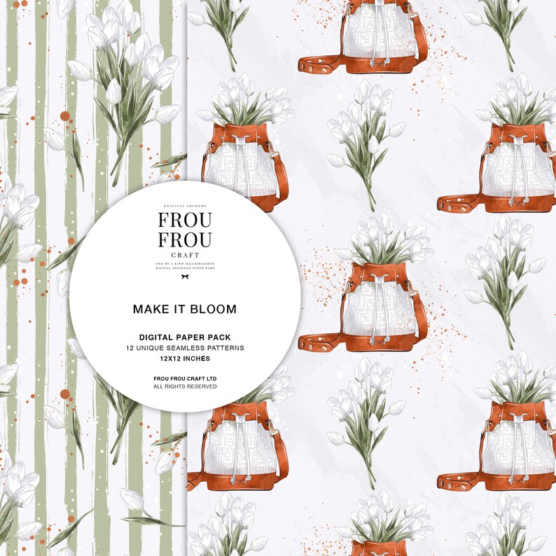 May include: A digital paper pack with 12 unique seamless patterns featuring white flowers in a brown leather bag. The background is a white textured paper with brown and green stripes. The text "MAKE IT BLOOM" is in the center of the image.