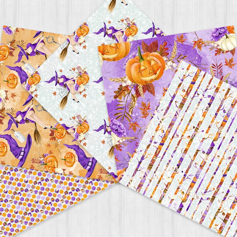 Peut inclure: Un ensemble de six papiers num&eacute;riques sur le th&egrave;me d'Halloween avec des sorci&egrave;res, des citrouilles et des feuilles d'automne. Les papiers sont dans des tons de violet, orange et blanc.