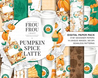 Coffee Paper Pack Pumpkin Digital Backgrounds Pumpkin Spice Latte Seamless Patterns Watercolor Coffee Orange Fall Autumn Emerald Planner