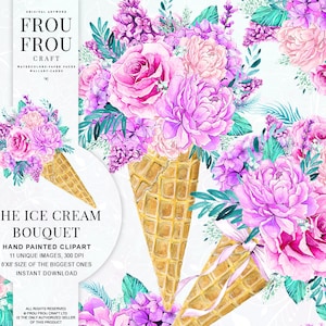 Aquarell Blumen Clipart Floral Clip Art Eisbouquet Pfingstrosen Rosen Eiscream Sommer Mint Violett Romantisch BrautParty Hochzeit Kit