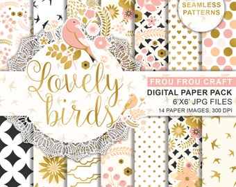 Pink and Gold Foil Birds Digital Printable Paper, Spring Digital Scrapbook Paper, Peach and Pink Birds Digital Paper, Pink Gold Flower Paper