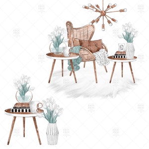 May include: A cozy living room scene with a wicker armchair, two side tables, and white tulips in vases. The armchair has a brown cushion and a white knitted throw blanket. The tables are made of wood and have a brown finish. The tulips are in clear glass vases and have green leaves. A modern light fixture hangs from the ceiling.