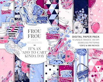 May include: A digital paper pack with 14 unique images and seamless patterns. The images feature a pink, blue, and white color scheme with illustrations of shoes, gift boxes, and floral designs. The text "It's an 'Add to Cart' Kinda Day" is featured in the center of the image.