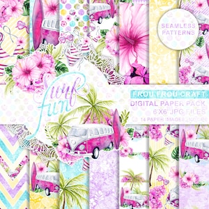 Boho Digital Paper Pack, Aquarell Strand, Nahtlose Muster, Sommer, Meeressurfen, Surfen, Hippie Küken, Tropisch, Blau, Lila, Gelb, Rosa