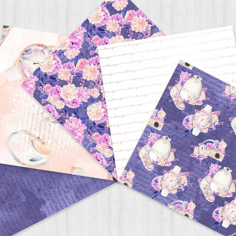 Puede incluir: Un conjunto de seis dise&ntilde;os de papel digital con patrones florales, un dise&ntilde;o de papel rayado y un fondo morado con detalles florales y varios accesorios, como una c&aacute;mara, una mochila y un reloj.