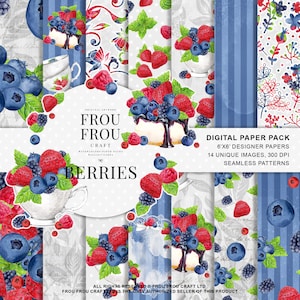Baies Scrapbook Papier Berry Pack Fraise Myrtille Framboise Mûre Aquarelle Fruits Arrière-plan numérique Recette Motif sans couture