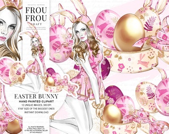 May include: A digital illustration of an Easter bunny with pink and gold accents. The bunny is holding a basket of gold and pink eggs. The text "Easter Bunny" is written in a pink font.