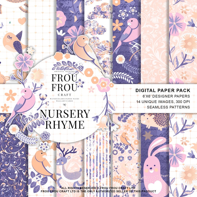 May include: A digital paper pack with 14 unique images, 300 DPI, and seamless patterns. The images feature a nursery rhyme theme with cute animals, birds, and flowers in a purple and pink color scheme. The text "Frou Frou Craft Nursery Rhyme" is featured in the center of the image.