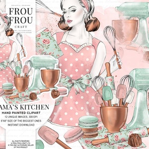 Küche Clipart Bäckerei Clip Art Kochen Grafik Backutensilien Retro Restaurant Mode Illustration Schokolade Macaroons Mint Pink Kupfer
