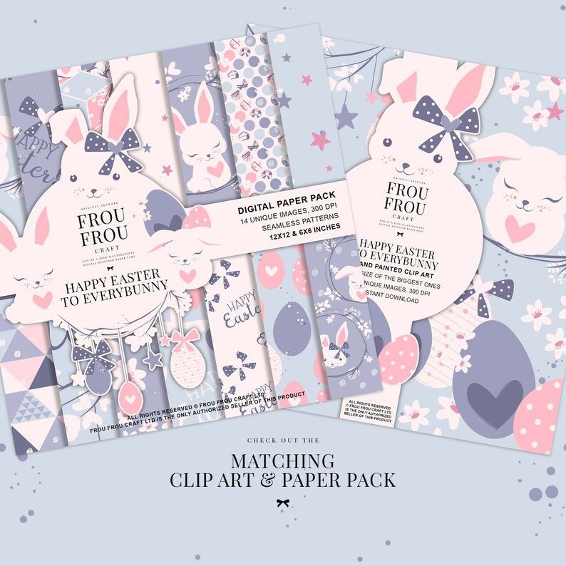 May include: A digital paper pack with 14 unique images and seamless patterns featuring a cute bunny rabbit with pink ears and a bow, eggs, and flowers in shades of pink, purple, and blue. The images are 12x12 inches and 6x6 inches. The text "Happy Easter to Everybunny" is included in the design.