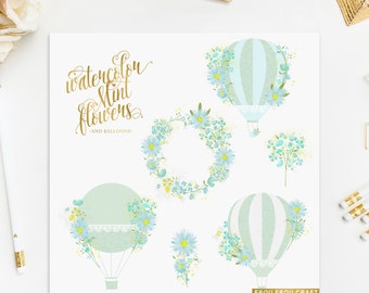 Mint Hot Air Balloons ClipArt Watercolor Flowers Intant Download Digital Blue Green Yellow Vintage Shabby Chick Baby Invitation DIY