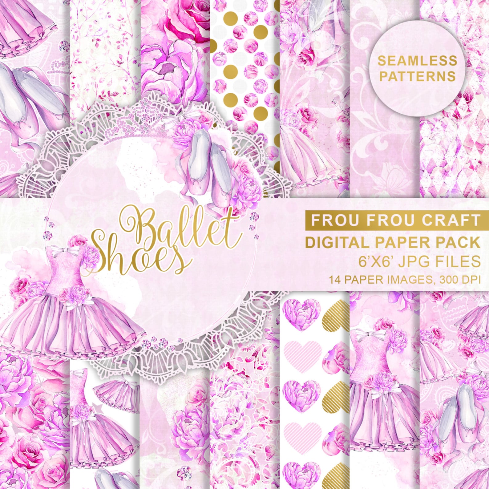 ballerina digital paper pack, ballet seamless patterns, watercolor ballet shoes, tutu dress, pink roses violet peonies, chick pr