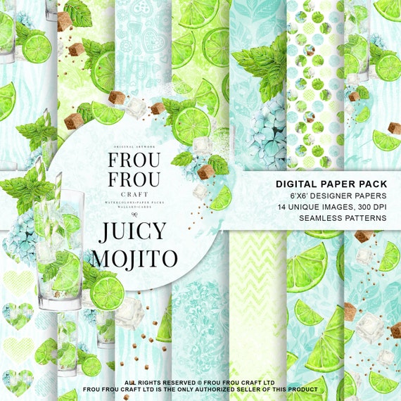 Summer Scrapbook Drinks Tropical Background Watercolor Cocktails Mojito Mint Citrus Lime Fruits Seamless Patterns Paper Pack Green Blue