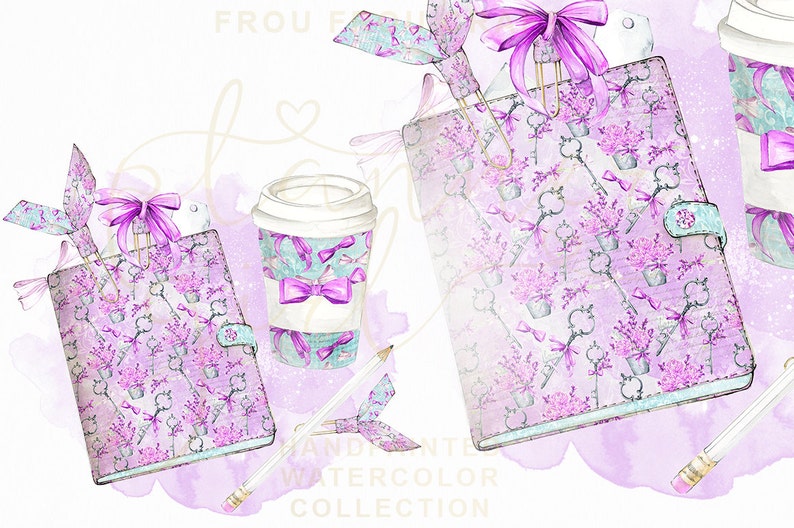 School Clipart Planner Girl Clip Art Fashion Illustration Planner Cover Girly Pastel Watercolor Floral Handpainted Lavender Purple EC Plan