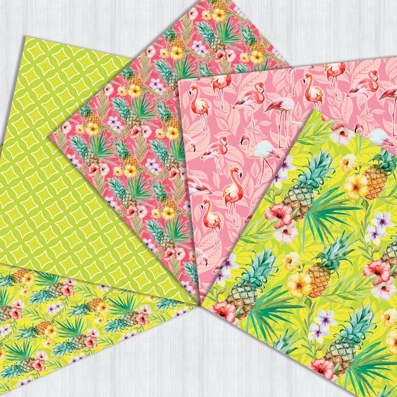 May include: A set of four digital paper designs featuring tropical patterns. The designs include pink flamingos on a pink background, green pineapples and flowers on a yellow background, and a green geometric pattern.