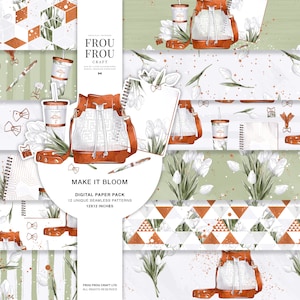 May include: A digital paper pack with 12 unique seamless patterns featuring a white and brown tote bag, a white notebook, a cup of coffee, and white tulips. The patterns are 12x12 inches.