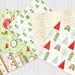 May include: Four different Christmas themed digital paper designs. The designs feature a white background with various patterns including snowflakes, Christmas trees, and ornaments. The colors used are red, green, gold, and white.