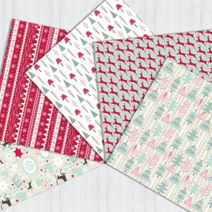 Christmas Digital Paper Pack, Seamless Pattern, Seasonal Digital Pattern, Red Blue Xmas Digital Wrap Paper, Retro Winter Digital Background image 4
