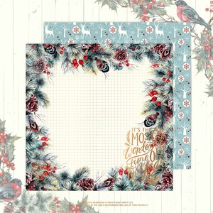 May include: A digital paper pack with a winter holiday theme. The design features a border of pine branches, berries, and pinecones. The background is a light blue with a grid pattern. The text "It's the most wonderful time of the year" is written in gold script.