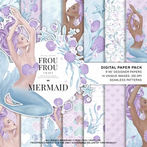 Meerjungfrau Papier Pack, Meer Scrapbook, Unterwasser Digital Hintergrund, Muschel Sirene Fashion Phone Wallpaper Sommer, Pastell Stoff Strand Muster