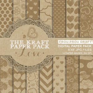 Valentine Kraft Paper Digital Pack Instant Download Love Craft Brown Old Texture Fondo Corazones Nubes Romántico Rústico Vintage 6x6 pulgadas