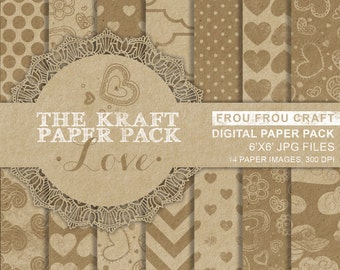 Valentine Kraft Paper Digital Pack Instant Download Love Craft Brown Old Texture Background Hearts Clouds Romantic Rustic Vintage 6x6 inches