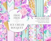 Watercolor Floral Paper Pack Flowers Background Summer Digital Scrapbook Ice cream Bouquet Peony Roses Romantic Teal Mint Violet DIY Pack