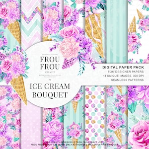 May include: A digital paper pack with 14 unique seamless patterns featuring watercolor illustrations of ice cream cones with bouquets of pink and purple flowers. The patterns are 6 inches by 6 inches and 300 DPI. The text "Frou Frou Craft" and "Ice Cream Bouquet" is included in the image.