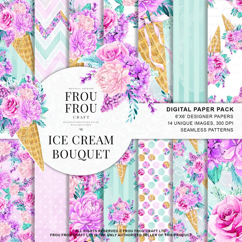 May include: A digital paper pack with 14 unique seamless patterns featuring watercolor illustrations of ice cream cones with bouquets of pink and purple flowers. The patterns are 6 inches by 6 inches and 300 DPI. The text "Frou Frou Craft" and "Ice Cream Bouquet" is included in the image.