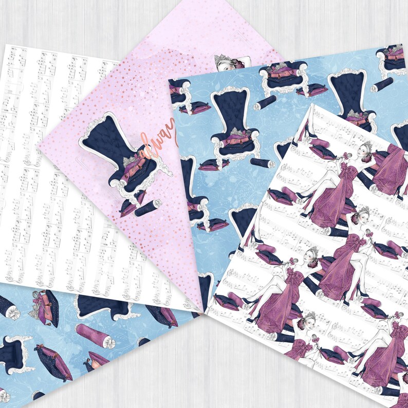 May include: Four digital paper designs featuring a blue and white throne, a pink and white throne, a white background with musical notes and a blue background with musical notes and a woman in a purple dress.
