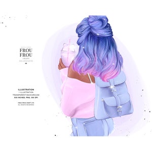 Unicornio sirena clipart, moda niña ilustración, pastel púrpura violeta arco iris impresión en gráficos a la carta, pegatinas de planificador de café