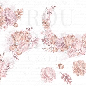 Peut inclure: Un ensemble d'illustrations num&eacute;riques repr&eacute;sentant de d&eacute;licates compositions florales rose p&acirc;le et p&ecirc;che avec des accents de perles. Les fleurs sont dispos&eacute;es en couronnes, en bouquets et en brindilles individuelles. Les illustrations sont parfaites pour ajouter une touche d'&eacute;l&eacute;gance aux projets num&eacute;riques.