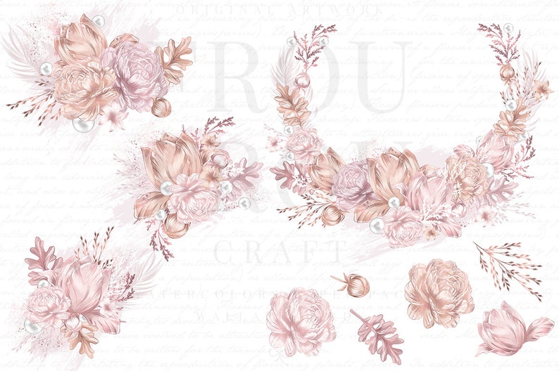 Peut inclure: Un ensemble d'illustrations num&eacute;riques repr&eacute;sentant de d&eacute;licates compositions florales rose p&acirc;le et p&ecirc;che avec des accents de perles. Les fleurs sont dispos&eacute;es en couronnes, en bouquets et en brindilles individuelles. Les illustrations sont parfaites pour ajouter une touche d'&eacute;l&eacute;gance aux projets num&eacute;riques.