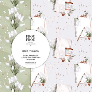 May include: A digital paper pack with 12 unique seamless patterns featuring white flowers, notebooks, and gold accents. The patterns are 12x12 inches.