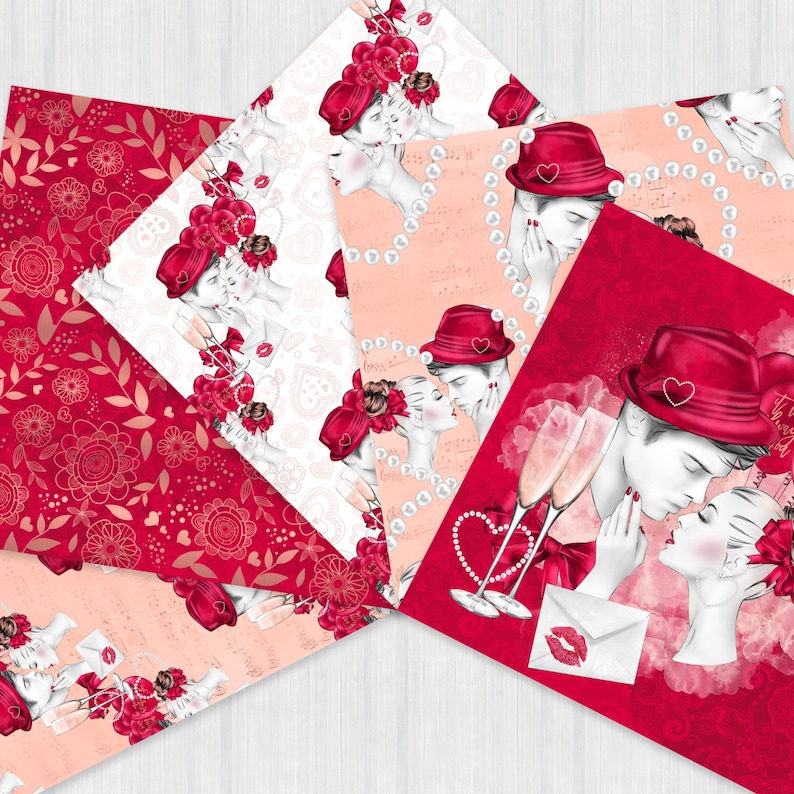 May include: Four digital paper designs featuring couples kissing with red hearts, flowers, and pearls. The designs are perfect for Valentine's Day or romantic occasions.