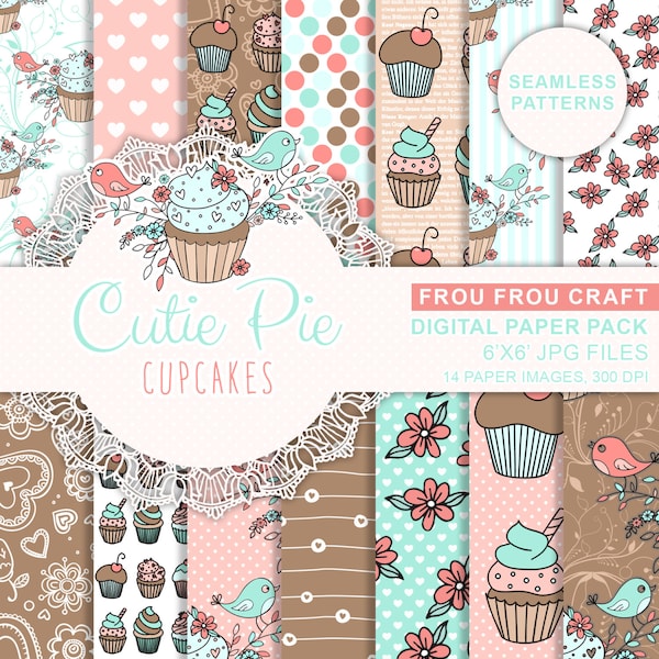 Cupcakes Birds Seamless Patterns Digital Paper Pack Instant Download Vintage Peach Mint Pink Blue Brown Chocolate Cute Flowers 6x6 inches