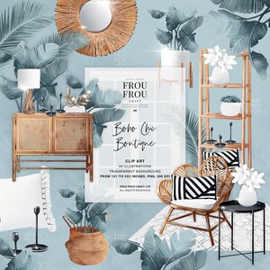 May include: A digital illustration of a boho chic interior design scene with a rattan chair, a woven basket, a wooden shelf, and a variety of plants. The scene is set against a light blue background with the text "Boho Chic Boutique" and "Frou Frou Craft" in the center.