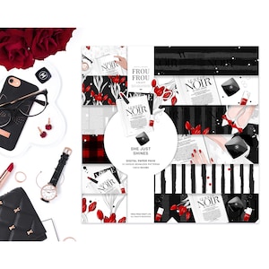 Fashion Digital Paper Pack, Red Beauty Surface Pattern Design Noir et Blanc Simple Floral Seamless Patterns Designer Paper Pad