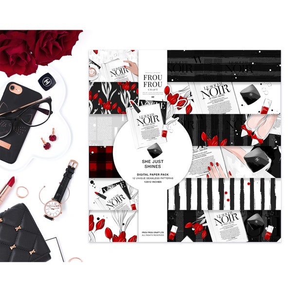 Fashion Digital Paper Pack, Red Beauty Surface Pattern Design Noir et Blanc Simple Floral Seamless Patterns Designer Paper Pad