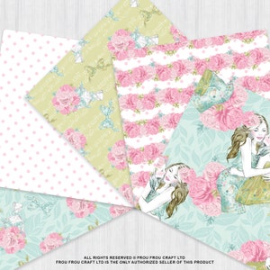 May include: A collection of patterned papers with floral and illustrated designs. The papers feature pink roses, polka dots, and illustrations of women. The color palette includes pink, green, and white, creating a soft, feminine aesthetic.