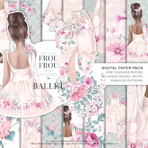 Ballet Paper Pack Little Ballerina Digital Designer Pad Tänzer Hintergrund Kinderzimmer Tapete Geburtstag Mädchen Pfirsich Pastell Tutu Kleid Pointe Schuhe