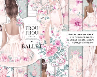 May include: A digital paper pack with 14 unique images and seamless patterns featuring a ballerina in a pink tutu, floral designs, and ballet shoes. The pack includes 6" x 6" designer papers at 300 DPI. The text "Frou Frou Craft Ballet" is included in the design.