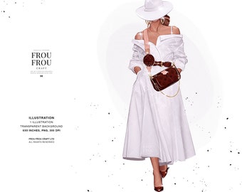 May include: Illustration of a woman in a white off-the-shoulder dress, white hat, and brown purse. The purse has a gold chain strap. The image includes the text "FROU FROU CRAFT" and "ILLUSTRATION".