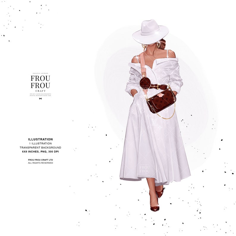 K&ouml;nnte beinhalten: Digitale Illustration einer Frau in einem wei&szlig;en Kleid, Hut und brauner Handtasche. Die Handtasche hat einen goldenen Kettenriemen. Das Bild enth&auml;lt den Text "FROU FROU CRAFT" und "ILLUSTRATION".