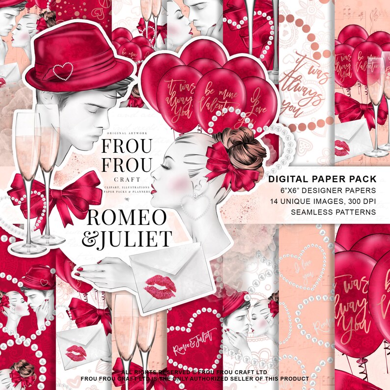 May include: Digital paper pack with 14 unique images and seamless patterns featuring a romantic couple, hearts, balloons, and champagne glasses. The images are in a red, pink, and white color scheme. The text "Romeo & Juliet" is included in the design.