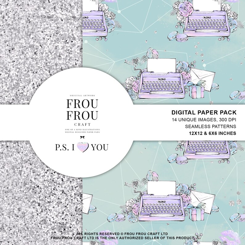 May include: Digital paper pack featuring a repeating pattern of vintage typewriters, envelopes, and floral accents on a teal background. The pack includes 14 unique images with seamless patterns, sized at 12x12 and 6x6 inches.