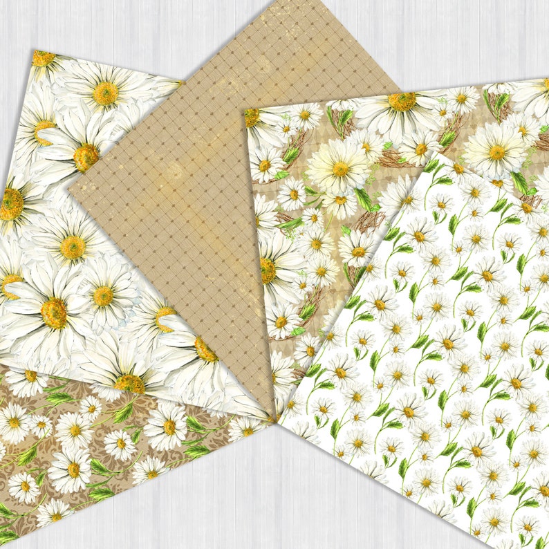 May include: Five different digital paper designs featuring white daisies on a beige background. The designs include a large daisy pattern, a small daisy pattern, a daisy pattern with a grid, a daisy pattern with a floral design, and a daisy pattern with a textured background.