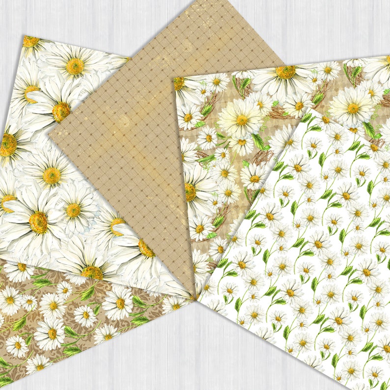 Daisies Digital Paper Pack Watercolor Daisy White Camomile Flowers Seamless Patterns Spring Green Romantic Wedding Instant Download Original image 2