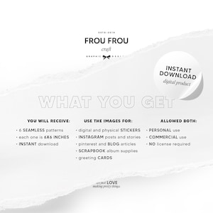 K&ouml;nnte beinhalten: Eine wei&szlig;e und graue Grafik mit dem Text "WHAT YOU GET" in fetten schwarzen Buchstaben. Die Grafik listet den Inhalt eines digitalen Produktdownloads auf, darunter 6 nahtlose Muster, jedes 6x6 Zoll gro&szlig;, und die Verwendung der Muster, einschlie&szlig;lich der pers&ouml;nlichen und kommerziellen Nutzung.