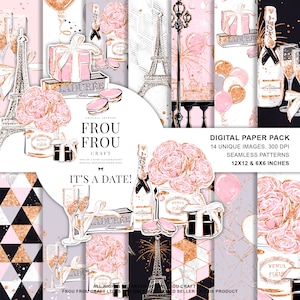 Paquete de papel de San Valentín, paquete de papel digital de aniversario, suministros de pegatinas para planificador de compromiso de boda con brillo dorado de París, Torre Eiffel